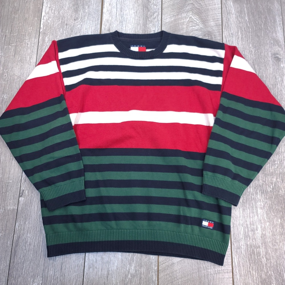 Tommy Hilfiger Sweater Mens Large Multi Color Striped Crewneck Knit Logo Y2K